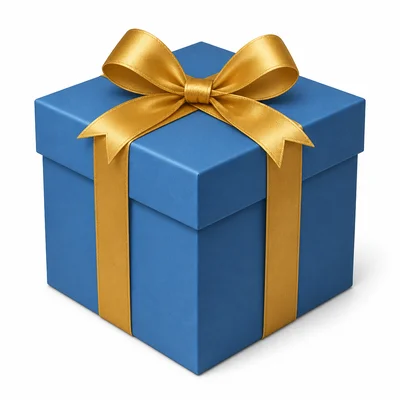 A cube-shaped gift box with ribbon bands.