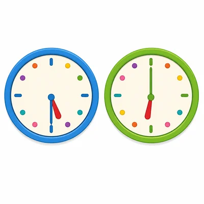 Two clocks showing 5:30 and 6:00.