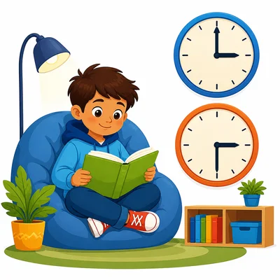 Child reading with clocks showing 3:00 and 3:30.