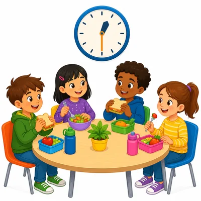 Lunch scene with a clock showing half past twelve.