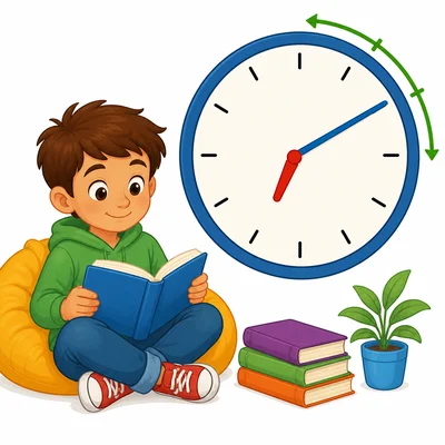 Child reading beside a clock showing seven ten with an arrow for fifteen minutes.
