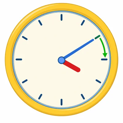 Clock at four twenty with an arrow showing five minutes later.