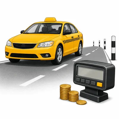 A taxi, meter, coins, and road markers representing a starting fee plus cost per mile.