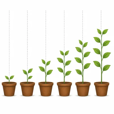 Six potted plants shown growing taller by equal amounts from left to right.