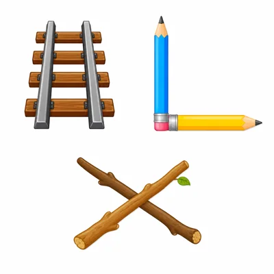 Three examples of line pairs: railroad tracks, right-angle crossed pencils, and slanted crossed sticks.