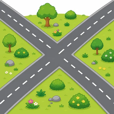 Two roads cross at a slanted angle, not a square corner.