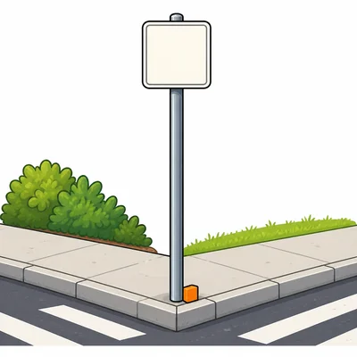 A street sign pole stands straight up from the sidewalk, making a square corner.