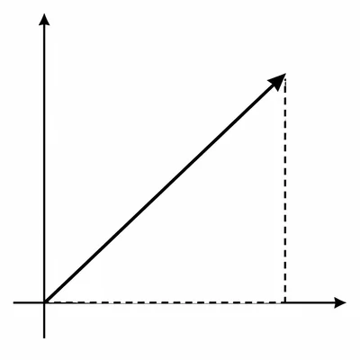 A steep vector in the first quadrant with dashed legs forming a right triangle for magnitude.