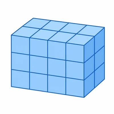 A rectangular prism made of unit cubes with three rows by four cubes and two layers.