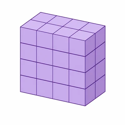 A four-layer rectangular prism with eight unit cubes in each layer.