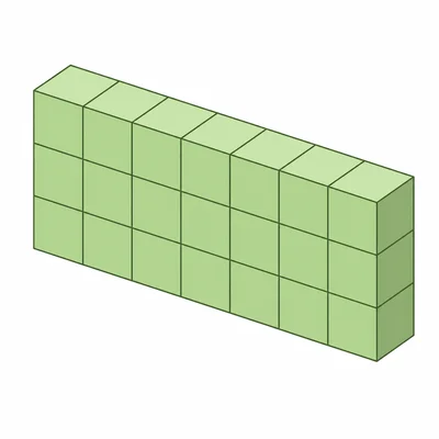 A narrow rectangular prism seven cubes long, one cube wide, and three cubes tall.