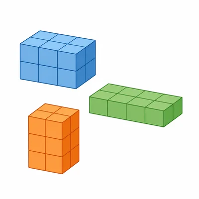Several different rectangular prisms made from unit cubes, showing possible prism designs.