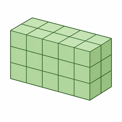 A unit-cube rectangular prism five cubes long, two cubes wide, and three cubes tall.
