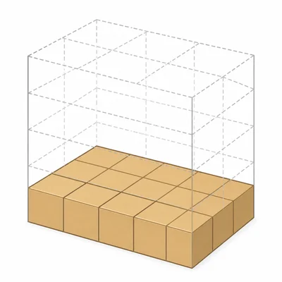 A rectangular unit-cube base four cubes long by three cubes wide with guide outlines showing possible layers above.