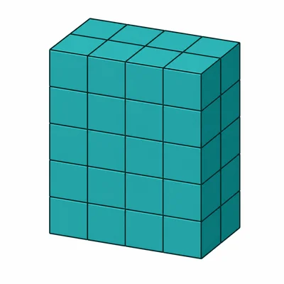 A rectangular prism with four cubes in each row, two rows per layer, and five layers.