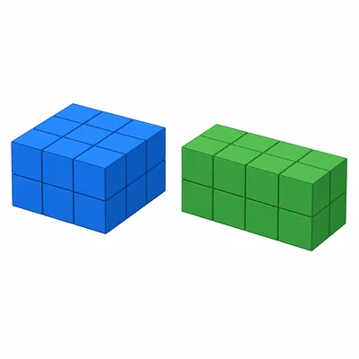 Two unit-cube prisms side by side: one three by three by two, and one four by two by two.