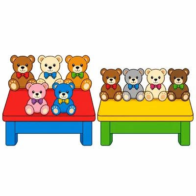 Two tables with 5 teddy bears on one and 4 on the other.