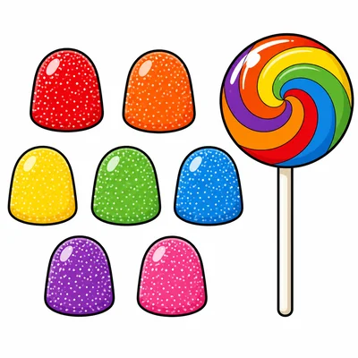 Seven gumdrops and 1 lollipop.