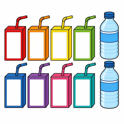Eight juice boxes and 2 water bottles.