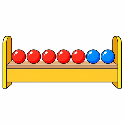 A shelf with 5 red balls and 2 blue balls.