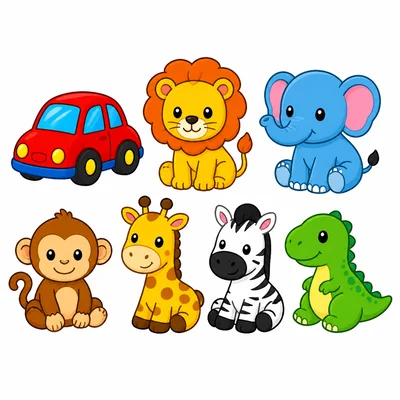 One toy car and 6 toy animals.