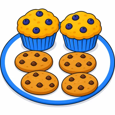 A plate with 2 muffins and 4 cookies.