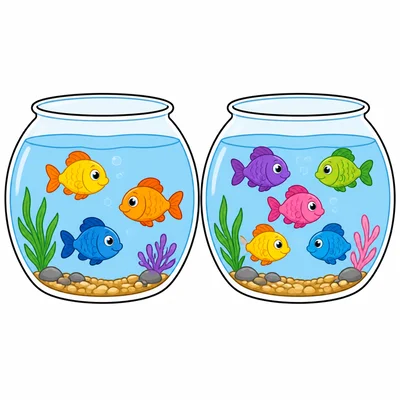 Two fish tanks with 3 fish in one and 5 fish in the other.