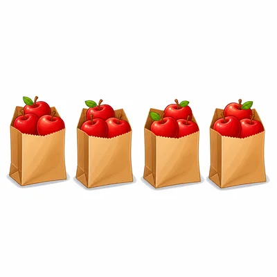 Four bags with three apples in each bag.