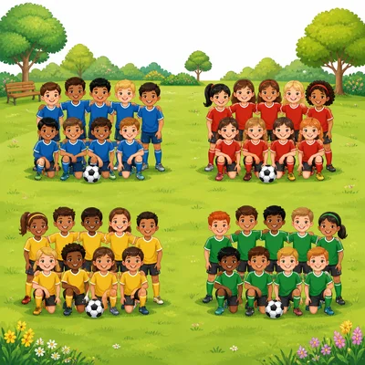 Four soccer teams with nine players on each team.