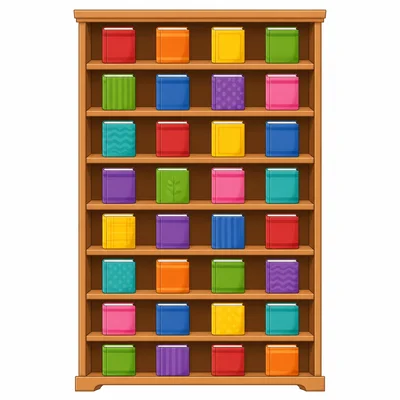 Thirty-two books placed equally on eight shelves.