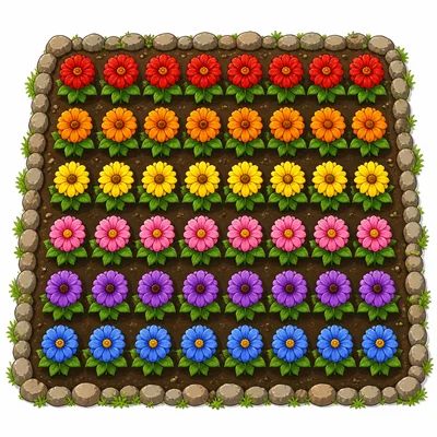 Six rows of flowers with seven flowers in each row.