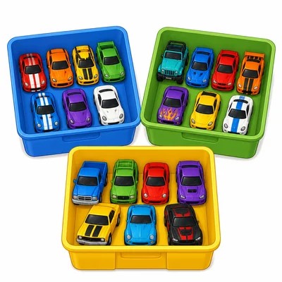 Twenty-one toy cars divided equally into three bins.