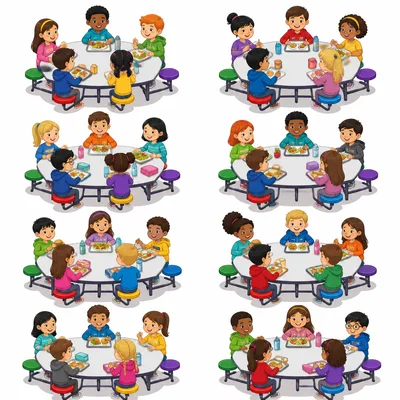 Eight lunch tables with five students at each table.