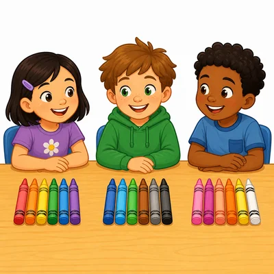 Eighteen crayons shared equally among three students.