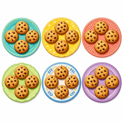 Six plates with five cookies on each plate.
