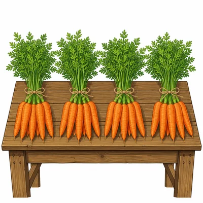 Twenty carrots tied into bundles of five.