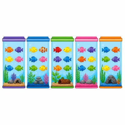Five fish tanks with six fish in each tank.