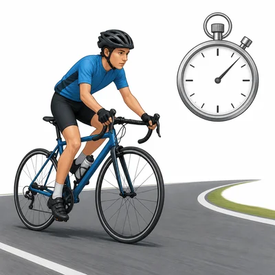 Cyclist riding on a road with a stopwatch symbol.