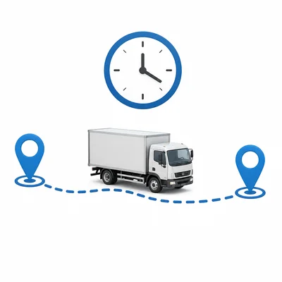 Delivery truck traveling between two markers with a clock symbol.