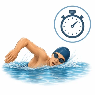 Swimmer in a pool with a stopwatch symbol.