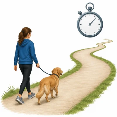 Dog walker on a path that continues farther with a stopwatch symbol.
