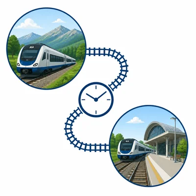 Train route shown in two connected segments with a clock symbol.