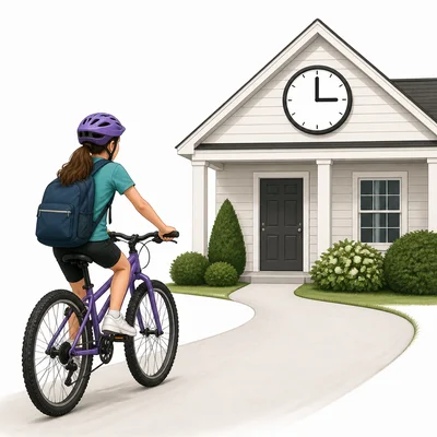 Girl biking toward a house with a plain clock symbol.