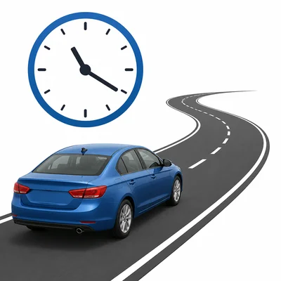 Car traveling on a road with a clock symbol.