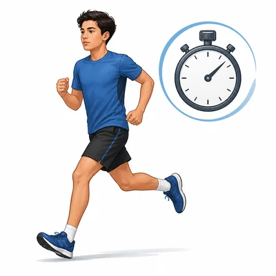 Runner jogging with a stopwatch symbol.
