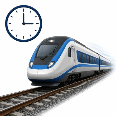 Train moving on tracks with a clock symbol.