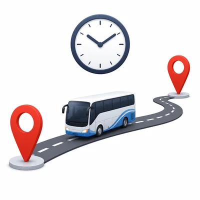 Bus traveling between two location markers with a clock symbol.