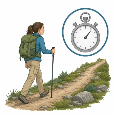 Hiker walking on a trail with a stopwatch symbol.