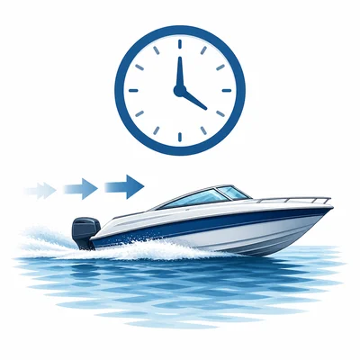 Boat moving across water with a clock symbol.