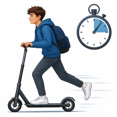 Student riding a scooter with a stopwatch symbol.